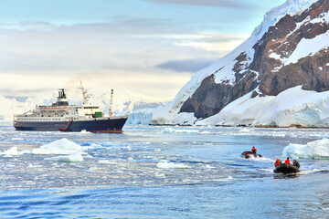 Tourist ship in the waters of the Antarctic Ocean