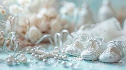 Close up of adorable baby shoes with delicate pearls, perfect for baby shower or newborn announcements