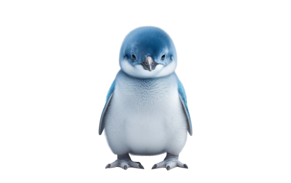 A blue and white penguin energetically dances on hind legs against a white background