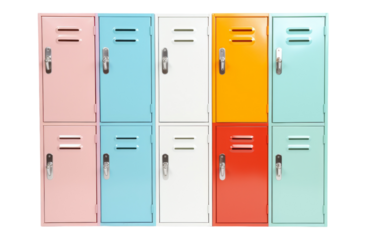 A vibrant row of colorful lockers standing side by side in a symphony of hues