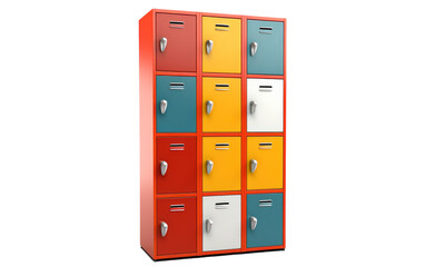 A red, yellow, and blue locker stand side by side
