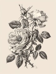 A bouquet of roses depicted in vintage line art.
