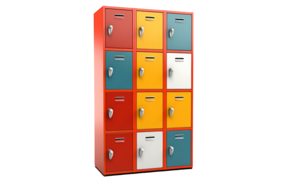 A red, yellow, and blue locker stand side by side