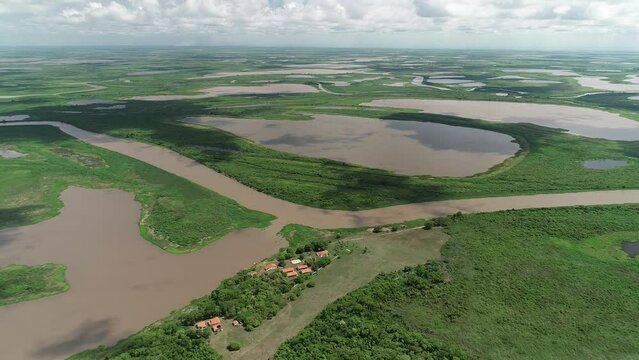 Aerial view of flooded lands near Paraguai River, Pantanal Region - Corumb&aacute;, Mato Grosso do Sul, Brazil