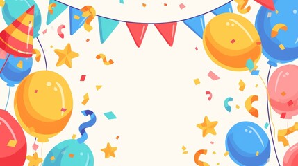 Happy Birthday greetings banner template with blank space for text, bright colors, minimalistic flat style with white background