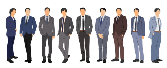 Set of men in business suits, cartoon character, different colors, group of business men silhouettes isolated on white background