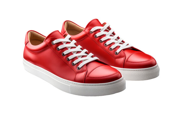 A vibrant pair of red sneakers with white laces resting side by side