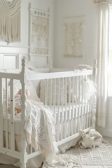 A white crib with a baby. Suitable for nursery or parenting concepts