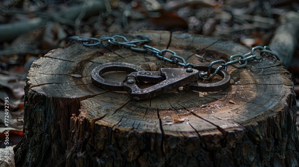 Poster scissors placed on a tree stump, perfect for nature-themed projects