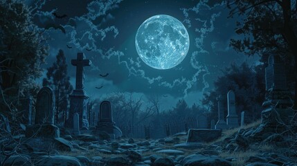 Obraz premium Eerie cemetery scene with full moon in background. Ideal for Halloween themes