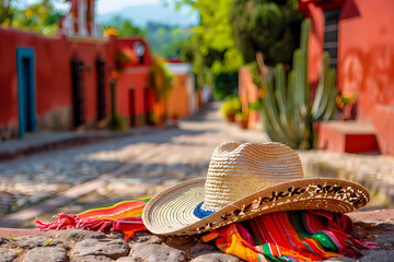 sombrero and poncho on the ground in front of red buildings