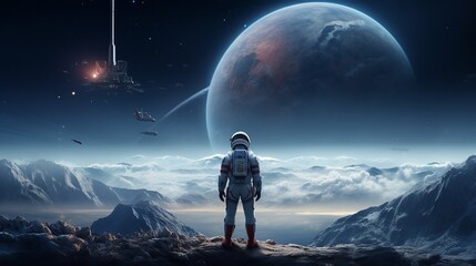 Fototapeta na wymiar Astronaut Stands on Spaceship, Gazing Toward Distant Earth Wallpaper Generate AI