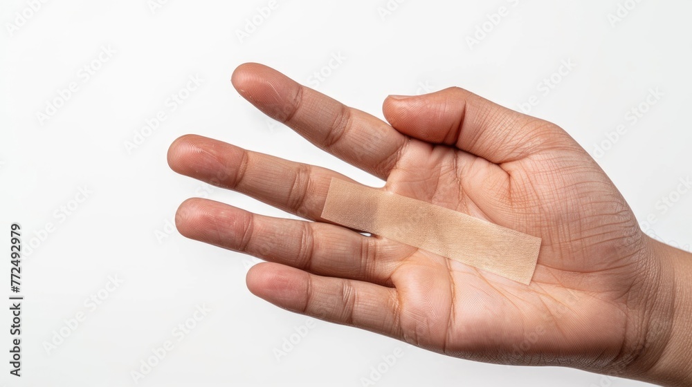 Poster Close-up of a hand holding a piece of tape. Suitable for various DIY and repair projects