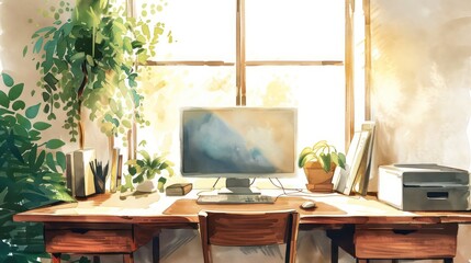 A watercolor illustration of a tidy desk with a monitor.
