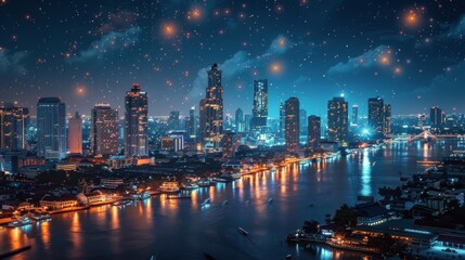 City Skyline and River Reflecting Lights at Night - obrazy, fototapety, plakaty
