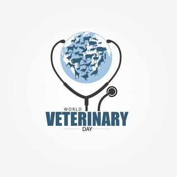 World Veterinary Day. Pet silhouette and stethoscope on earth globe background. World Veterinary Day Banner, Poster, Social Media Post, Web Design Background Template Vector Stock
