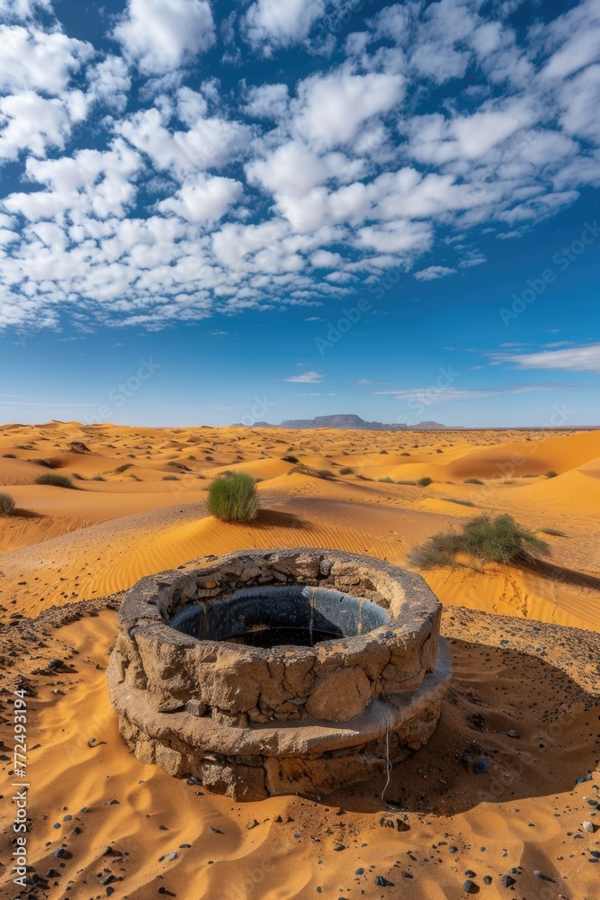 Poster a well in the middle of the desert, suitable for various projects