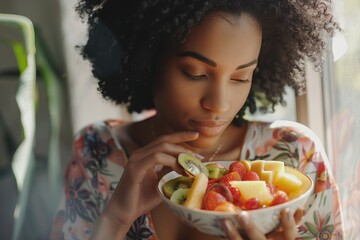 A woman enjoying a healthy snack. Great for lifestyle and nutrition concepts