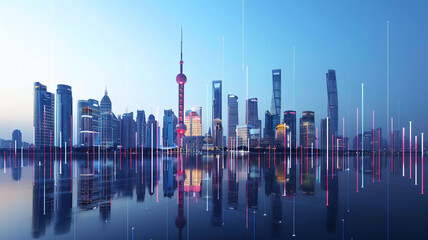 Financial Center, Dynamic financial and stock market data against the city skyline illustrating the pulse of the business district.