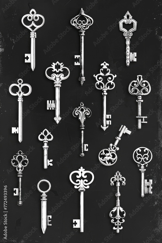 Poster A collection of keys in monochrome tones, suitable for various concepts