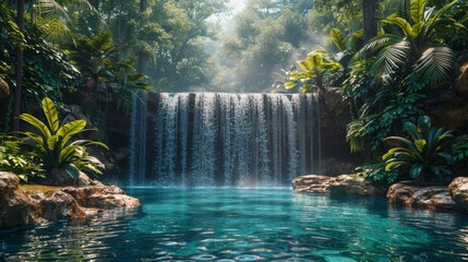 Pool With Central Waterfall - obrazy, fototapety, plakaty