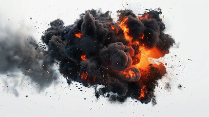 Vivid depiction of a fiery explosion emanating dense black smoke, portrayed in high-definition detail against a transparent surface. - obrazy, fototapety, plakaty