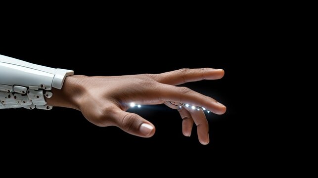 White cyborg hand is touching a human hand Generate AI