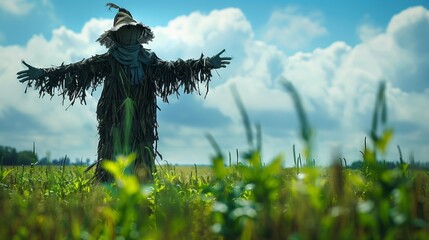 Fields' Guardian, The scarecrow stands sentinel in the fields, its presence both comforting and watchful, ensuring the safety of the crops against potential threats.