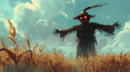 Fields' Guardian, The scarecrow stands sentinel in the fields, its presence both comforting and watchful, ensuring the safety of the crops against potential threats. - obrazy, fototapety, plakaty