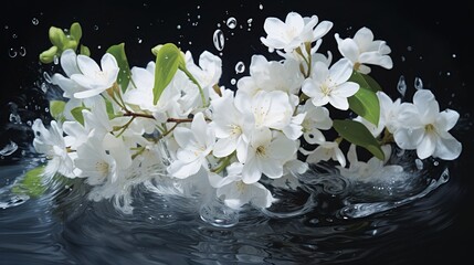 White jasmine flowers, with splashes of water  Generate AI