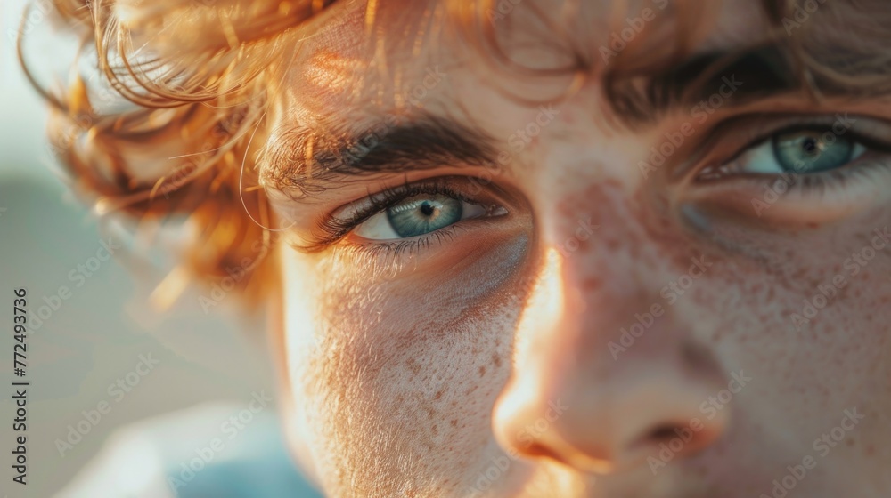 Poster a detailed view of a person with freckles. suitable for beauty and skincare concepts
