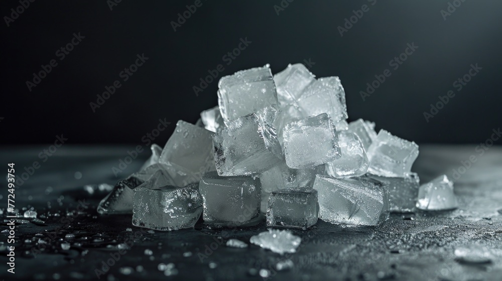 Poster a pile of ice sitting on top of a table. suitable for food and beverage concepts