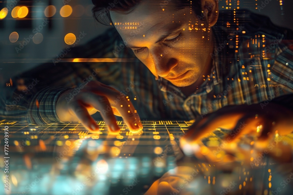 Poster A man using a tablet computer in the dark. Suitable for technology concepts