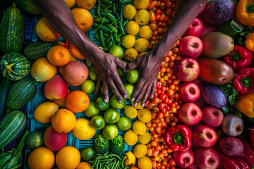  person's hands arranging colorful fruits and vegetables into a vibrant display