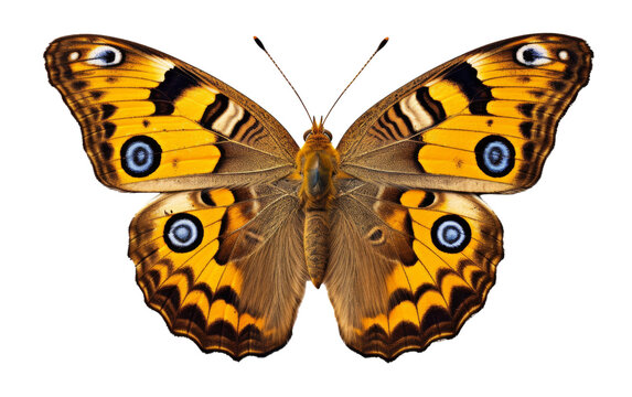 A vibrant yellow butterfly with blue eyes rests gracefully on a pristine white surface