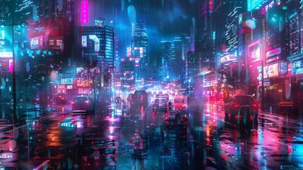 Fototapeta premium GPT Digital rain over cityscape, neon cyberpunk