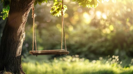 A wooden swing hanging from a tree in a park. Suitable for outdoor recreation concept - obrazy, fototapety, plakaty