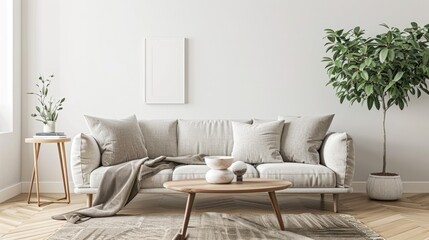 A cozy living room with a couch, coffee table, and potted plant. Perfect for home decor websites and interior design blogs - obrazy, fototapety, plakaty