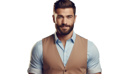 The man, with a beard and moustache, is wearing a vest and a blue shirt, showcasing muscles in his sleeveless attire, in a formal wear event, with a strong jawline and neck gesture on transparent