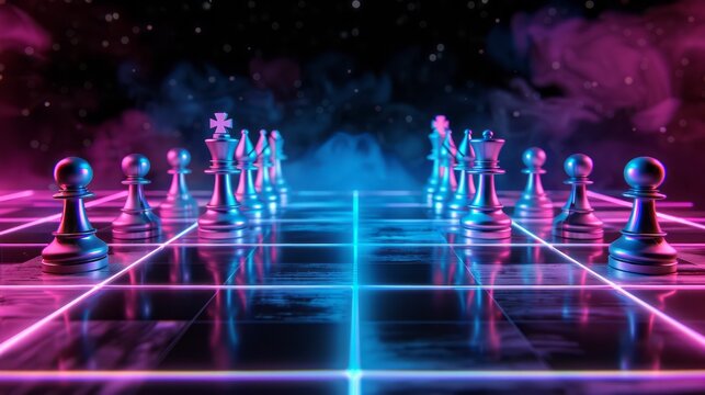 Neon chessboard with AI victory theme