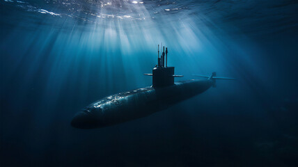 Fototapeta premium A combat submarine plunges into the ocean depths on a military mission, a play of light underwater. 