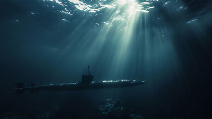 A combat submarine plunges into the ocean depths on a military mission, a play of light underwater.  - obrazy, fototapety, plakaty