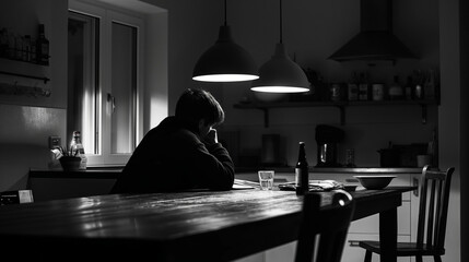 A man at the kitchen table, bottle and glass in front of him, a scene of despair and overcoming 