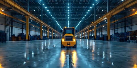 Forklift in vehicle parts warehouse. Concept Vehicle Parts Warehouse, Forklift Operations, Inventory Management, Warehouse Logistics, Industrial Equipment Tracking - obrazy, fototapety, plakaty