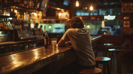 A man sits alone at a bar sipping a drink, a glass and bottle on the bar, dim lighting reflecting a mood of loneliness and sadness, an empty stool nearby, a symbol of loss