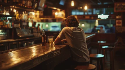 Fotobehang A man sits alone at a bar sipping a drink, a glass and bottle on the bar, dim lighting reflecting a mood of loneliness and sadness, an empty stool nearby, a symbol of loss © Eugen Snipe