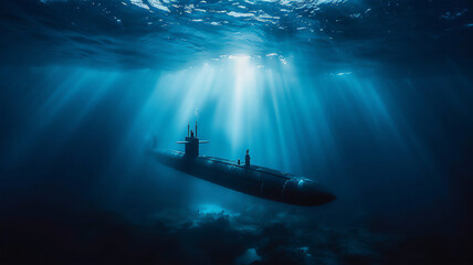 Fototapeta premium A combat submarine plunges into the ocean depths on a military mission, a play of light underwater. 