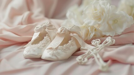 A pair of baby shoes resting on a bed. Suitable for baby shower invitations