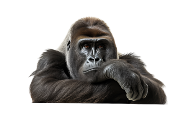A majestic gorilla sits thoughtfully atop a white surface