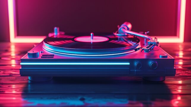 This 3D animation captures a vintage turntable and vinyl record, bathed in neon light, channeling a retro wave aesthetic perfect for music and nostalgic themes